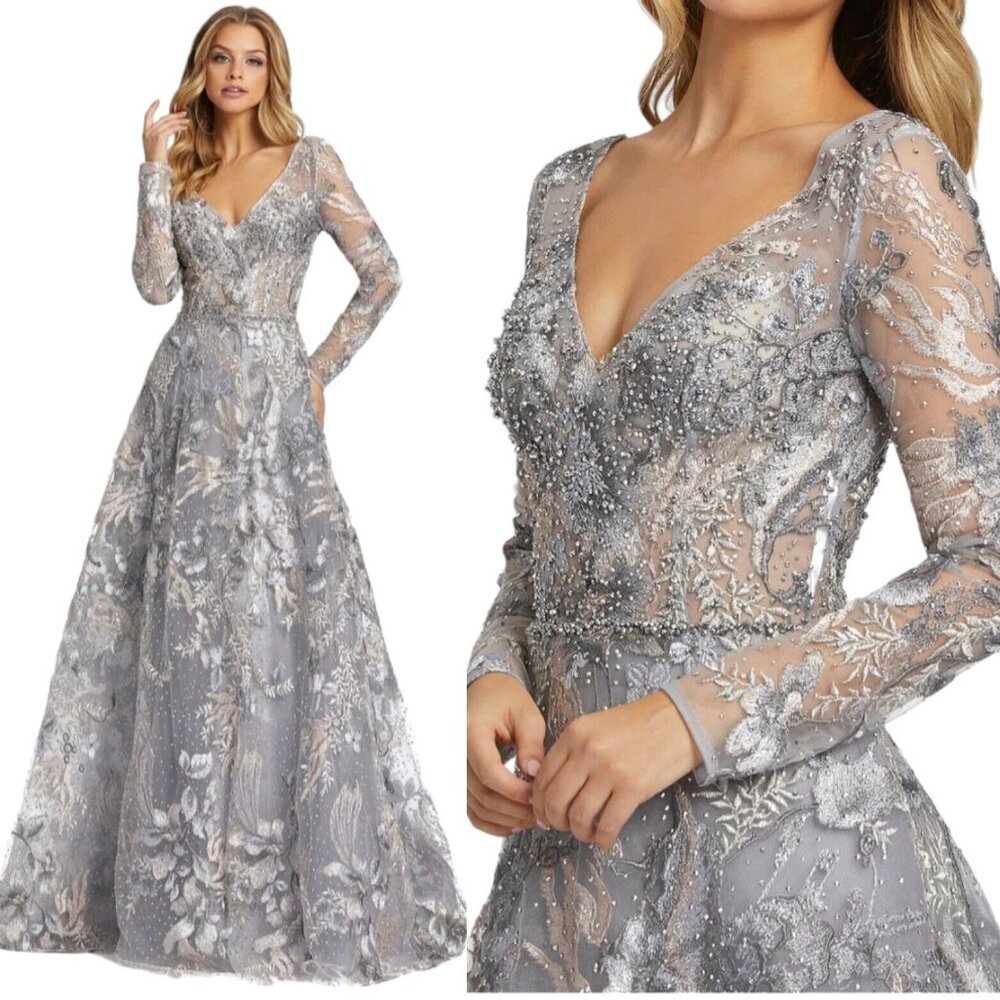 NWT Mac Duggal 20214 Long Sleeve Formal Evening‎ Dress GRAY MULTI SZ 6